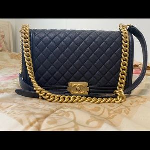 Chanel boy grained calfskin navy & gold hardware